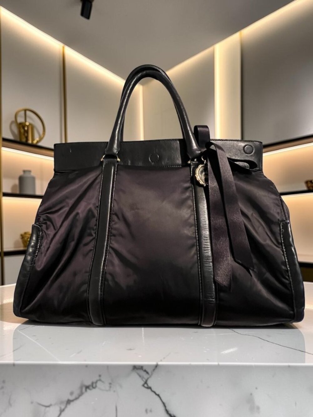 Henri Bendel Black Nylon & Leather Satchel – Good Pre‑Owned Condition